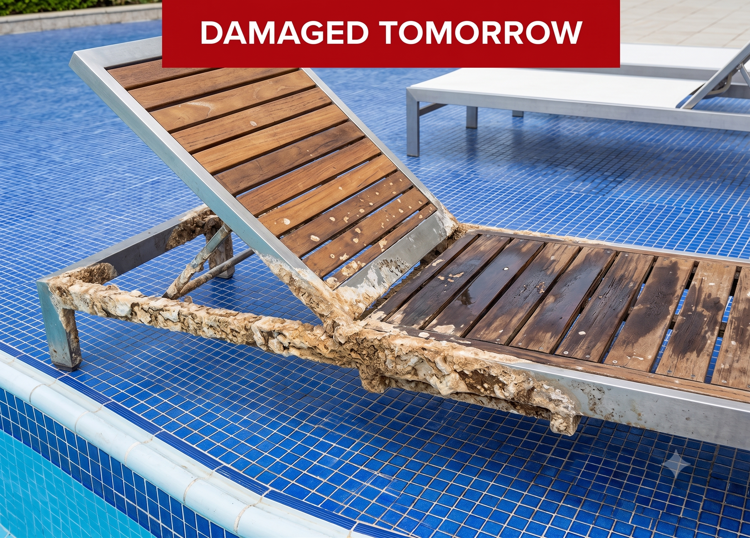 Calcium scaling damage on pool furniture tomorrow